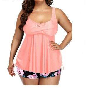Plus Size Peach Tankini Top with Floral Swim Shorts